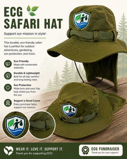ECG Safari Hat fundraiser: olive green wide-brim hat with sun flap and Eco Clean Guardians shield patch; eco-friendly, durable, sun protection, and mission support callouts.